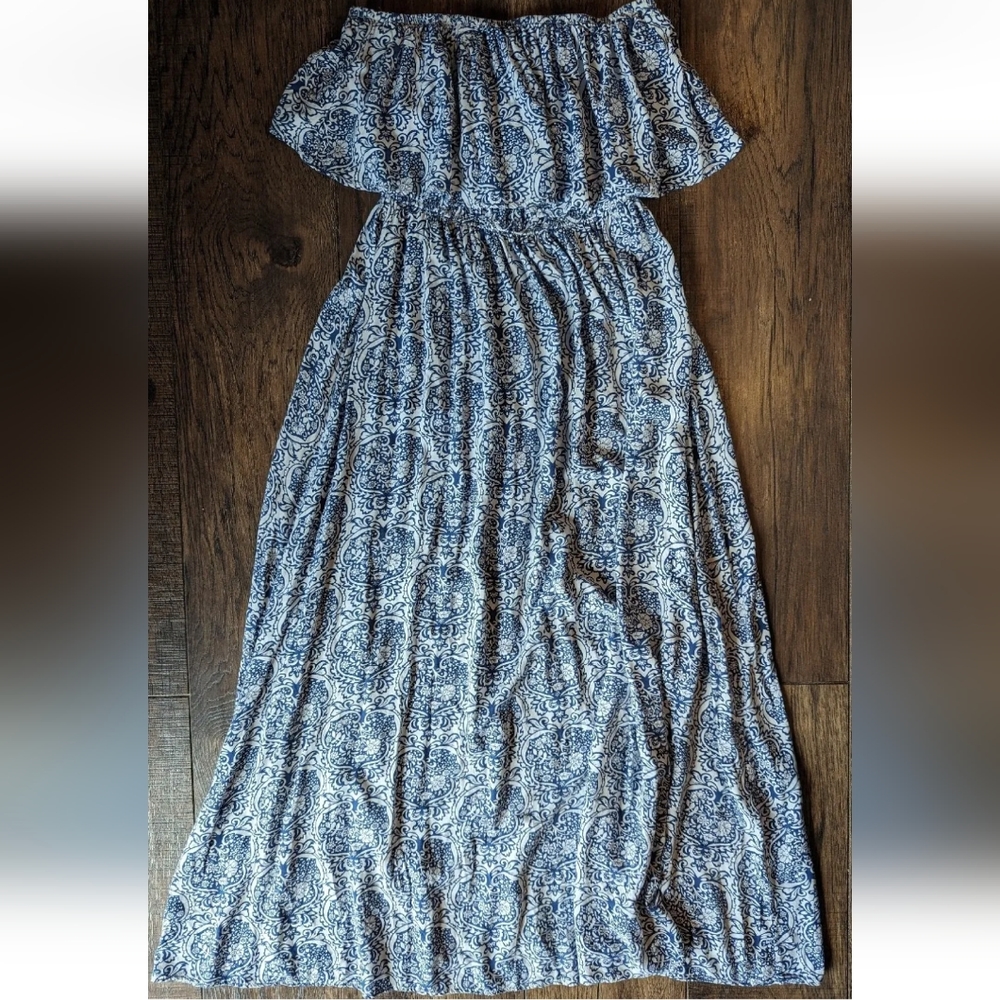 YIDARTON WOMEN'S STRAPLESS MAXI DRESS Stretchy Blue & White Floral Print Large